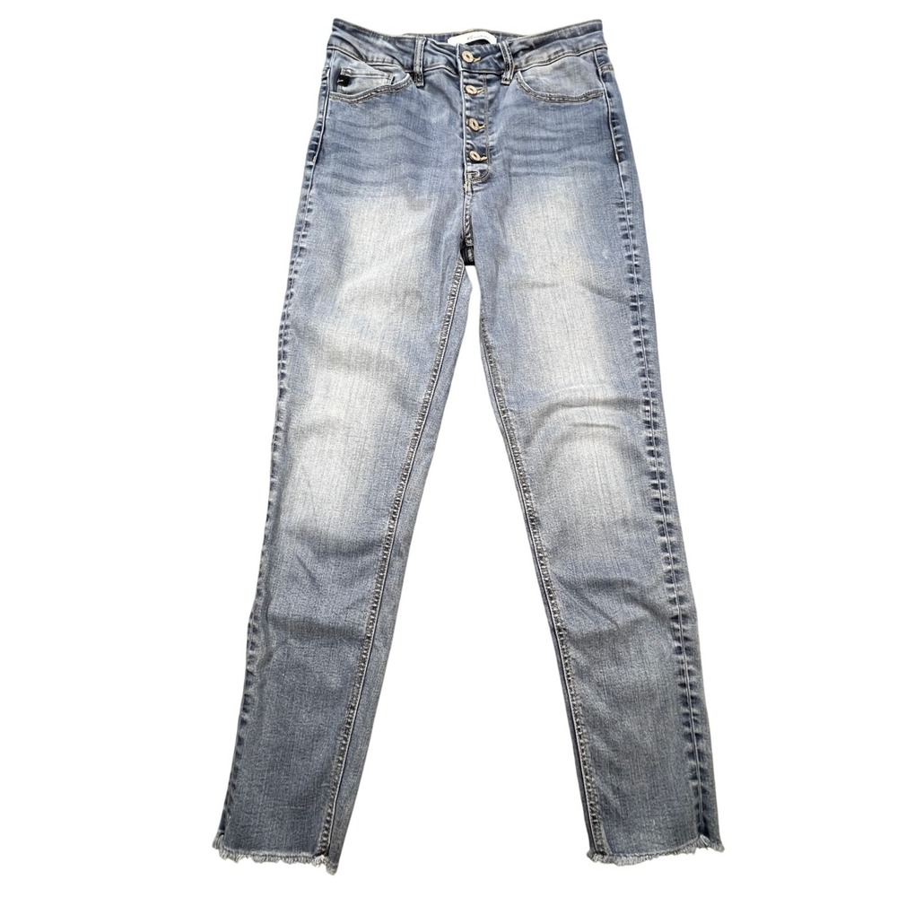 KanCan Blue High Rise Button Fly Raw Hem Skinny Jeans Women 9